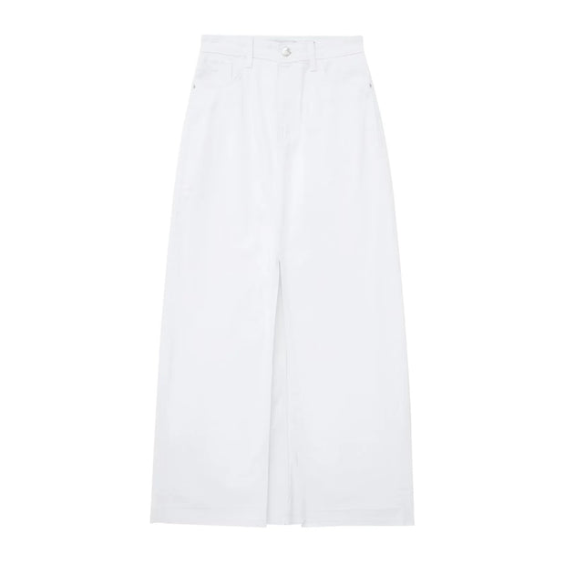 white denim skirt long maxi zara style fashion outfit love long skirts front slit pocket side 