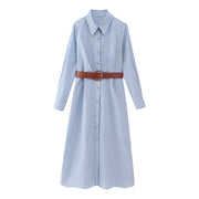 pinstripe blue button down belted dress white polo shirt maxi long longsleeves collar zara women clothing fashion style streetstyle looks outfits how casual everyday wear basic 