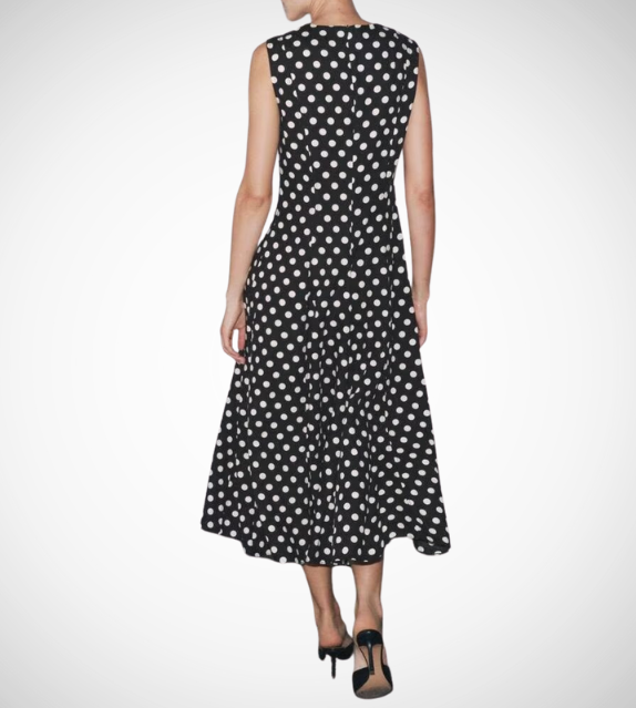 Black dress with white polka dots worn by a model on a white zara style long maxi sleeveless new year outfit holidays sexy women's clothing love bonito crew neck asian fit korean style clothing online shopping 