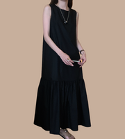 korean loose fitting dress for women everyday wear olive green black apricot white ruffle edge trim sleeveless fashion style outfits look casual everyday wear 