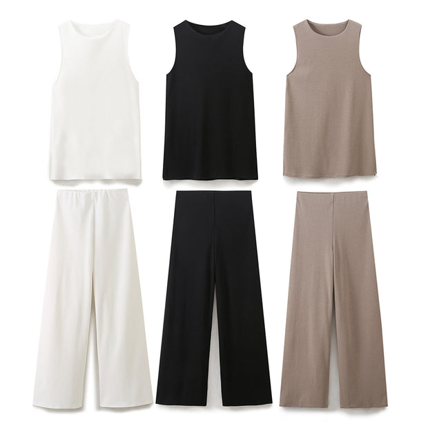 zara sleeveless long top side slit wide leg pants loungwear comfortable airport outfit love bonito shein cute everyday knit top sophisticated classy style khaki black white women's clothing online shopping