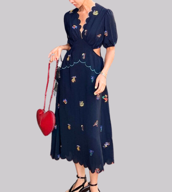 embroidered scallop dress hollow out waist korean style dress for women short sleeves zipped at the back navy blue colorful elegant casual dress for women 