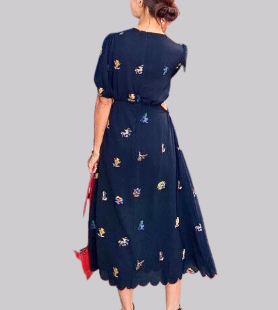 embroidered scallop dress hollow out waist korean style dress for women short sleeves zipped at the back navy blue colorful elegant casual dress for women 