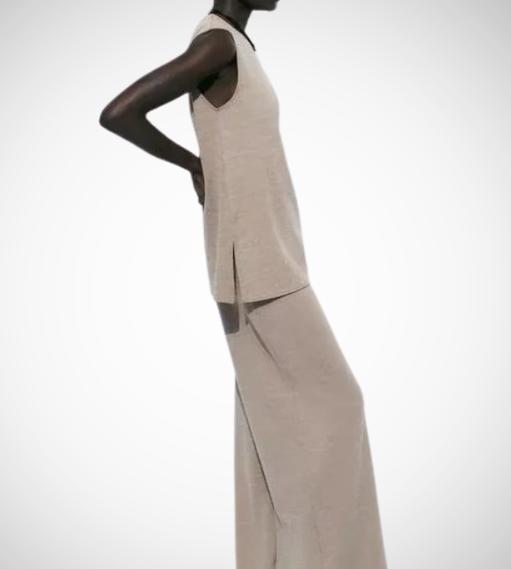 zara sleeveless long top side slit wide leg pants loungwear comfortable airport outfit love bonito shein cute everyday knit top sophisticated classy style khaki black white women's clothing online shopping