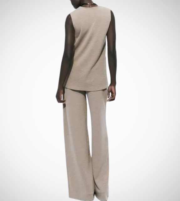 zara sleeveless long top side slit wide leg pants loungwear comfortable airport outfit love bonito shein cute everyday knit top sophisticated classy style khaki black white women's clothing online shopping