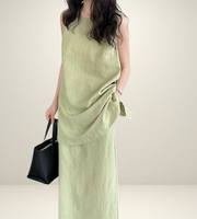 korean style clothing for woman shein uniqlo h&m zara fashion style streetsstyle outift ootd green pink coordinate set matching outfit sleeveless long top and skirt maxi side pockets gartered waist elastic  slit summer linen wear 