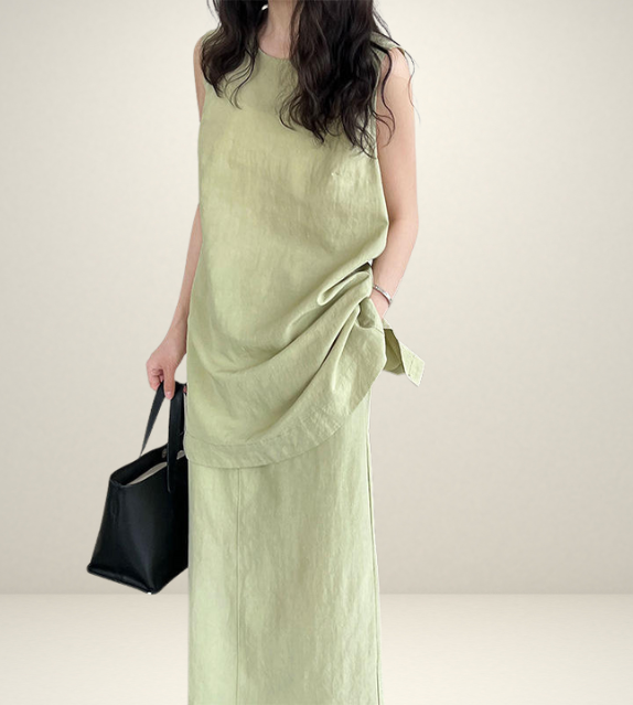 korean style clothing for woman shein uniqlo h&m zara fashion style streetsstyle outift ootd green pink coordinate set matching outfit sleeveless long top and skirt maxi side pockets gartered waist elastic  slit summer linen wear 