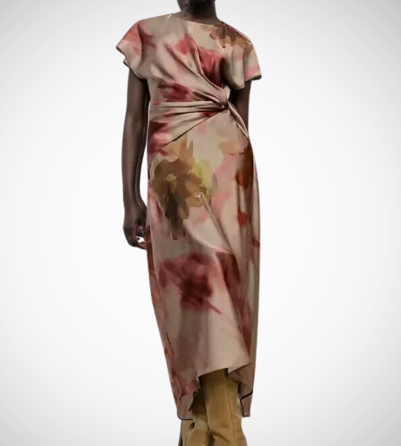 Floral dress with a knot detail on a white background zara tie die style short sleeves mutli-color wedding holidays special occassion dresses women's clothing love bonito uniqlo h&m shein what to wear outifit ootd fashion 