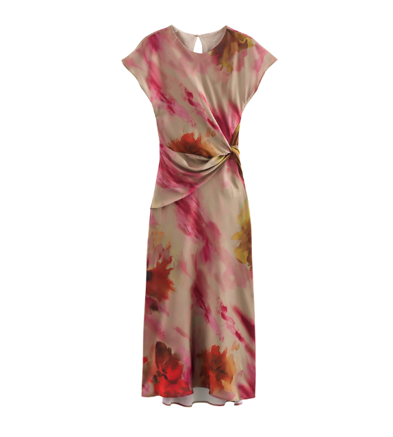 Floral dress with a knot detail on a white background zara tie die style short sleeves mutli-color wedding holidays special occassion dresses women's clothing love bonito uniqlo h&m shein what to wear outifit ootd fashion 