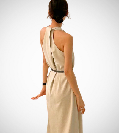 beige apricot khaki pink brown coffee v neck sleeveless halter back dress long maxi everyday casual dress side pockets linen flowy korean style clothing for women 