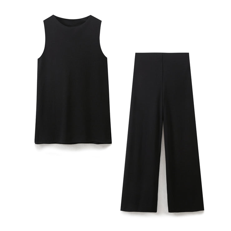 zara sleeveless long top side slit wide leg pants loungwear comfortable airport outfit love bonito shein cute everyday knit top sophisticated classy style khaki black white women's clothing online shopping
