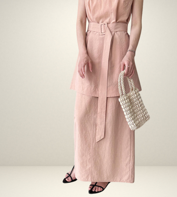 korean style clothing for woman shein uniqlo h&m zara fashion style streetsstyle outift ootd green pink coordinate set matching outfit sleeveless long top and skirt maxi side pockets gartered waist elastic  slit summer linen wear 