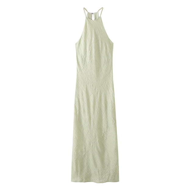 light green mint halter long maxi dress soft pleat casual beach wear holiday christmas special occasion dress sexy sleeveless mint green fashion style zara women's clothing crumpled simple basic cut 