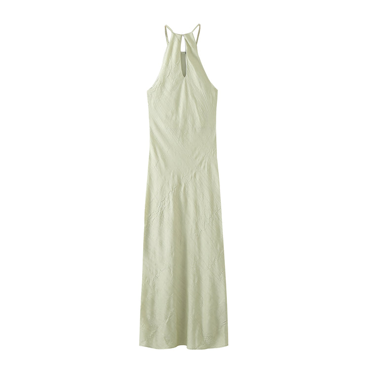 light green mint halter long maxi dress soft pleat casual beach wear holiday christmas special occasion dress sexy sleeveless mint green fashion style zara women's clothing crumpled simple basic cut 