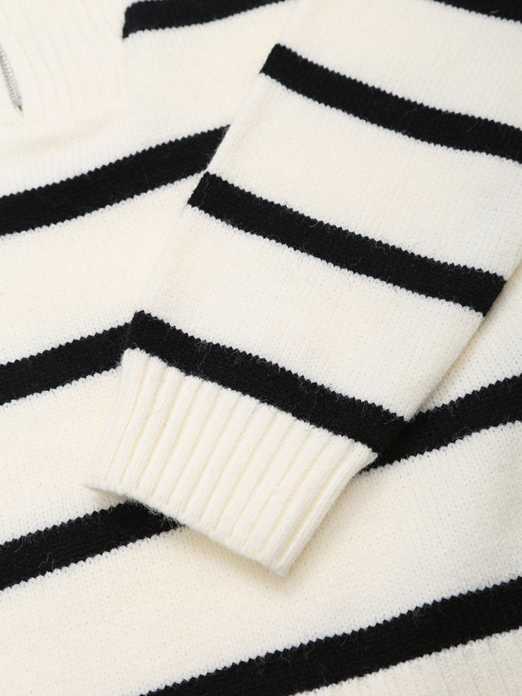 long sleeves stripe knitted sweater white black zipped zara mango knits uniqlo winter wear cold weather must have trending classic women's clothing online shopping pullover