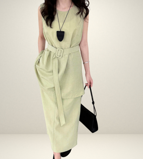 korean style clothing for woman shein uniqlo h&m zara fashion style streetsstyle outift ootd green pink coordinate set matching outfit sleeveless long top and skirt maxi side pockets gartered waist elastic  slit summer linen wear 