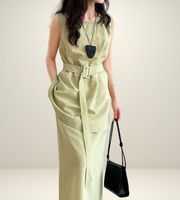 korean style clothing for woman shein uniqlo h&m zara fashion style streetsstyle outift ootd green pink coordinate set matching outfit sleeveless long top and skirt maxi side pockets gartered waist elastic  slit summer linen wear 