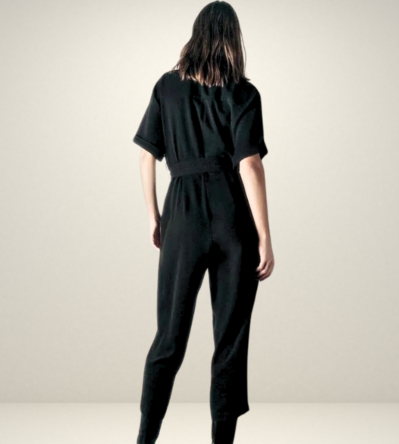 black jumpsuit short sleeves zipped cargo side pockets zara style fashion outfit ootd long cute