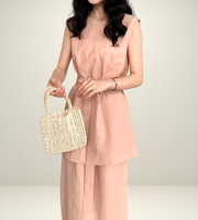 korean style clothing for woman shein uniqlo h&m zara fashion style streetsstyle outift ootd green pink coordinate set matching outfit sleeveless long top and skirt maxi side pockets gartered waist elastic  slit summer linen wear 