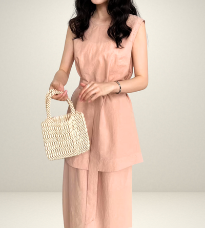 korean style clothing for woman shein uniqlo h&m zara fashion style streetsstyle outift ootd green pink coordinate set matching outfit sleeveless long top and skirt maxi side pockets gartered waist elastic  slit summer linen wear 