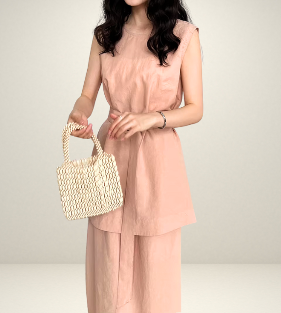 korean style clothing for woman shein uniqlo h&m zara fashion style streetsstyle outift ootd green pink coordinate set matching outfit sleeveless long top and skirt maxi side pockets gartered waist elastic  slit summer linen wear 