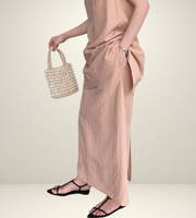 korean style clothing for woman shein uniqlo h&m zara fashion style streetsstyle outift ootd green pink coordinate set matching outfit sleeveless long top and skirt maxi side pockets gartered waist elastic  slit summer linen wear 