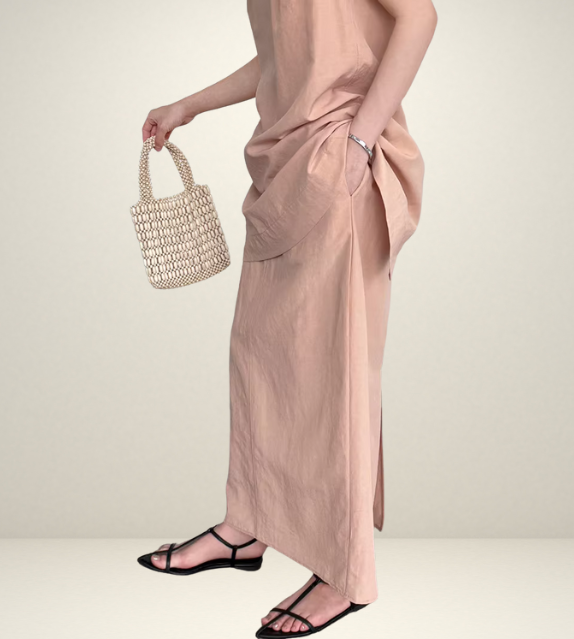 korean style clothing for woman shein uniqlo h&m zara fashion style streetsstyle outift ootd green pink coordinate set matching outfit sleeveless long top and skirt maxi side pockets gartered waist elastic  slit summer linen wear 