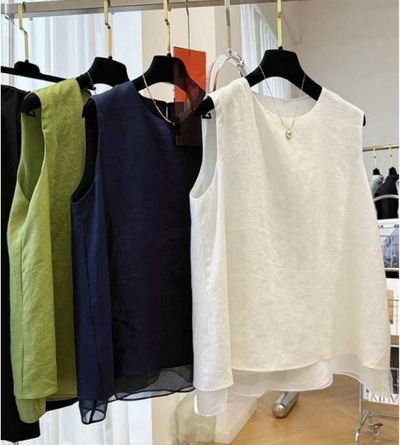 white navy blue apple green tank top summer double layer sleeveless outfit ootd cute zara shein korean style clothing for women online shopping uniqlo h&m trending style double layer linen 