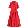 zara h&m love bonito mango uniqlo shein women's clothing red short sleeves brown black button down dress belt waist strap pockets pleats everyday casual wear style outfit trending pockerts 