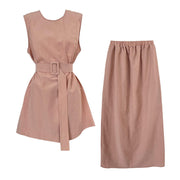 green pink button down sleeveless side pockets long maxi skirt crew neck korean style clothing for woman evryday fit shein zara h&m uniqlo love bonito asian cute sexy summer style side pockets coordinate set matching outfit 