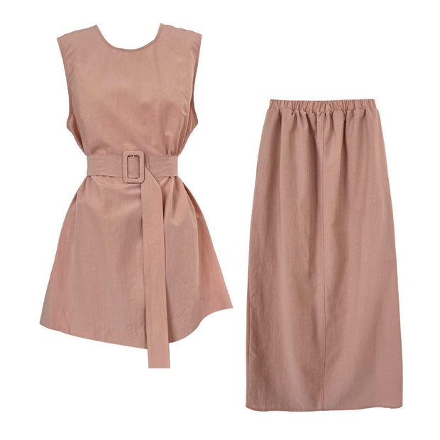 green pink button down sleeveless side pockets long maxi skirt crew neck korean style clothing for woman evryday fit shein zara h&m uniqlo love bonito asian cute sexy summer style side pockets coordinate set matching outfit 