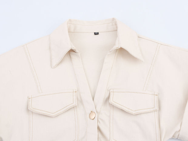 button down shirt polo dress denim beige short sleeves fashion style streetstyle everyday casual outfit women's clothing long maxi zara mango uniqlo classic wear utility pockets 