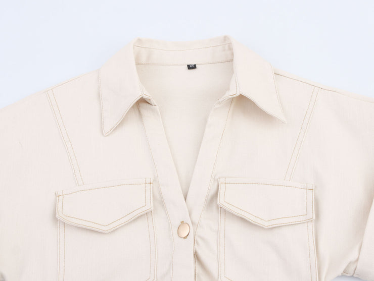 button down shirt polo dress denim beige short sleeves fashion style streetstyle everyday casual outfit women's clothing long maxi zara mango uniqlo classic wear utility pockets 