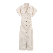 button down shirt polo dress denim beige short sleeves fashion style streetstyle everyday casual outfit women's clothing long maxi zara mango uniqlo classic wear utility pockets 