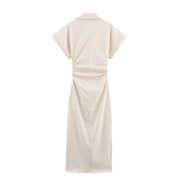 button down shirt polo dress denim beige short sleeves fashion style streetstyle everyday casual outfit women's clothing long maxi zara mango uniqlo classic wear utility pockets 