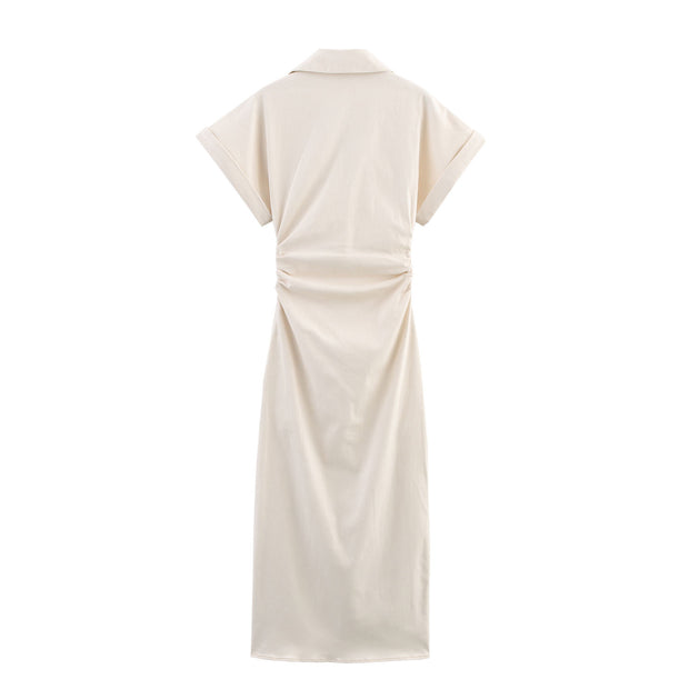 button down shirt polo dress denim beige short sleeves fashion style streetstyle everyday casual outfit women's clothing long maxi zara mango uniqlo classic wear utility pockets 