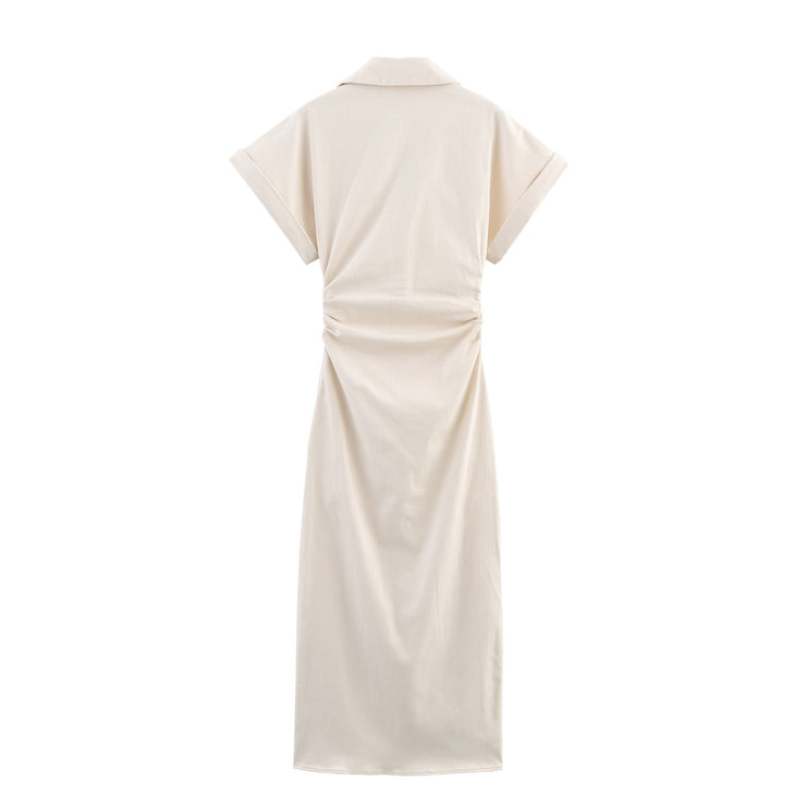 button down shirt polo dress denim beige short sleeves fashion style streetstyle everyday casual outfit women's clothing long maxi zara mango uniqlo classic wear utility pockets 