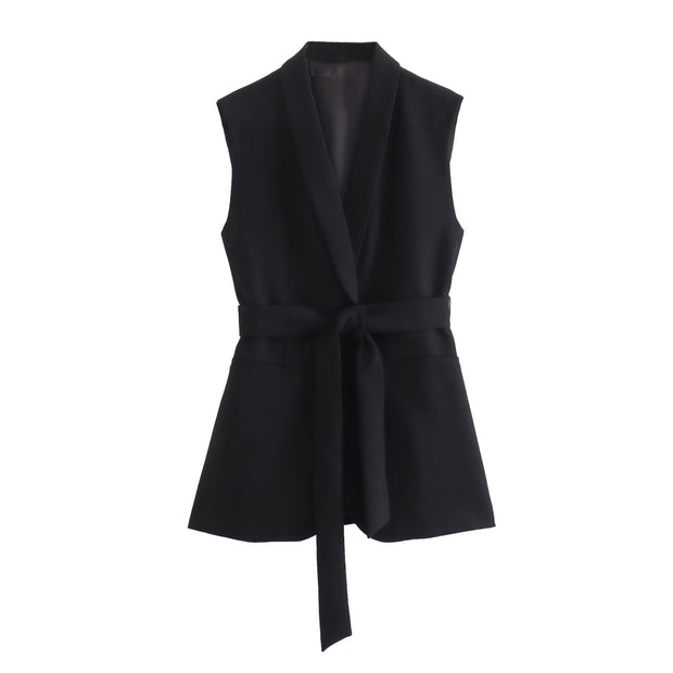 black waistcoat vest tie knot belted strap zara inner lining sophisticated classy must have trendy corporate love stylish women's clothing sleeveless structured 