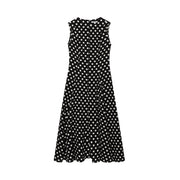 Black dress with white polka dots worn by a model on a white zara style long maxi sleeveless new year outfit holidays sexy women's clothing love bonito crew neck asian fit korean style clothing online shopping 