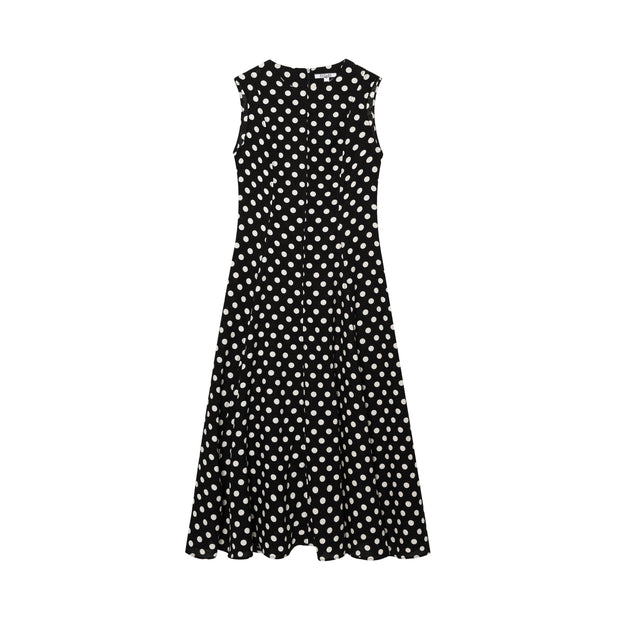 Black dress with white polka dots worn by a model on a white zara style long maxi sleeveless new year outfit holidays sexy women's clothing love bonito crew neck asian fit korean style clothing online shopping 