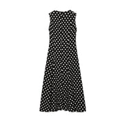 Black dress with white polka dots worn by a model on a white zara style long maxi sleeveless new year outfit holidays sexy women's clothing love bonito crew neck asian fit korean style clothing online shopping 