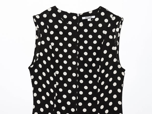 Black dress with white polka dots worn by a model on a white zara style long maxi sleeveless new year outfit holidays sexy women's clothing love bonito crew neck asian fit korean style clothing online shopping 