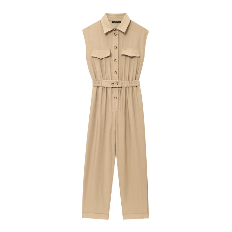 khaki women wearing a jumpsuit with side pockets uniqlo zara mango style online shopping sleeveless cargo utility wear cuff sleeves short belted waist gartered button down polo shirt everyday casual style classic wear ootd outfit must have trending 