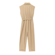 khaki women wearing a jumpsuit with side pockets uniqlo zara mango style online shopping sleeveless cargo utility wear cuff sleeves short belted waist gartered button down polo shirt everyday casual style classic wear ootd outfit must have trending 