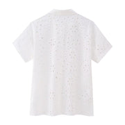 eyelet top white button down shirt polo top short sleeves collar summer wear casual everyday outfit trendy cute zara paisley cotton polyester 