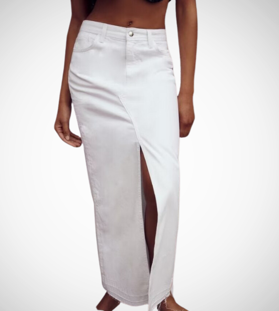 white denim skirt long maxi zara style fashion outfit love long skirts front slit pocket side