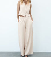 vest beige wide leg pants sleeveless waistcoat matching set outfit coordinates zara wide leg pants drawstring inner lining gartered pants trousers cute outfits h&m uniqlo forever21
