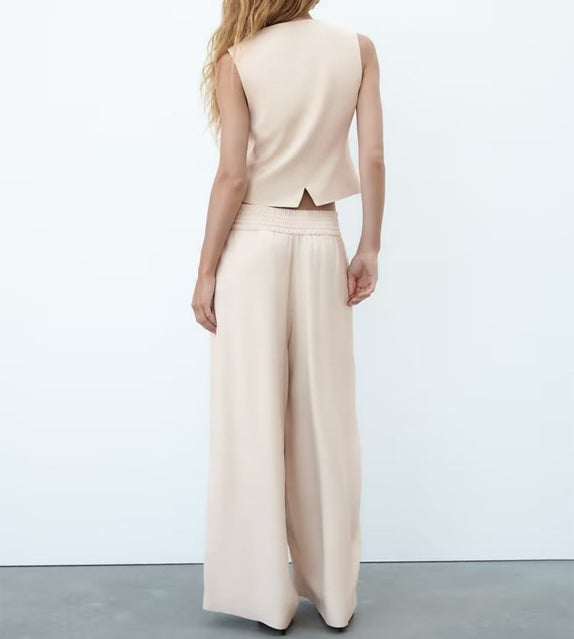 vest beige wide leg pants sleeveless waistcoat matching set outfit coordinates zara wide leg pants drawstring inner lining gartered pants trousers cute outfits h&m uniqlo forever21