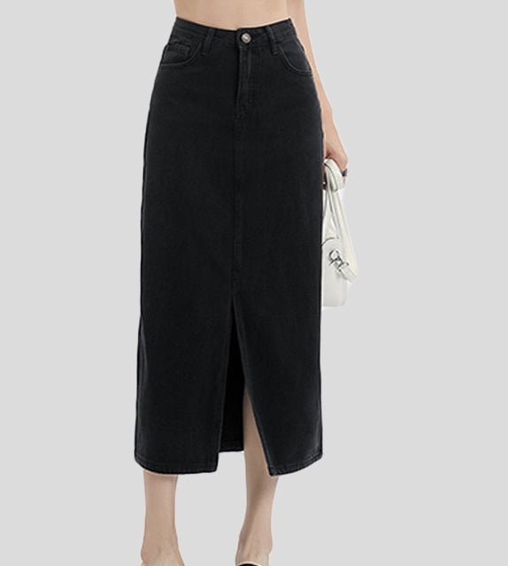 long denim maxi skirt black mid waist front slit casual everyday wear korean style clothing for women denims fashion style streestyle basic elevated casual