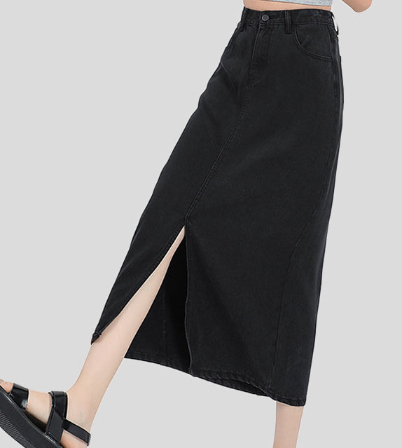 long denim maxi skirt black mid waist front slit casual everyday wear korean style clothing for women denims fashion style streestyle basic elevated casual